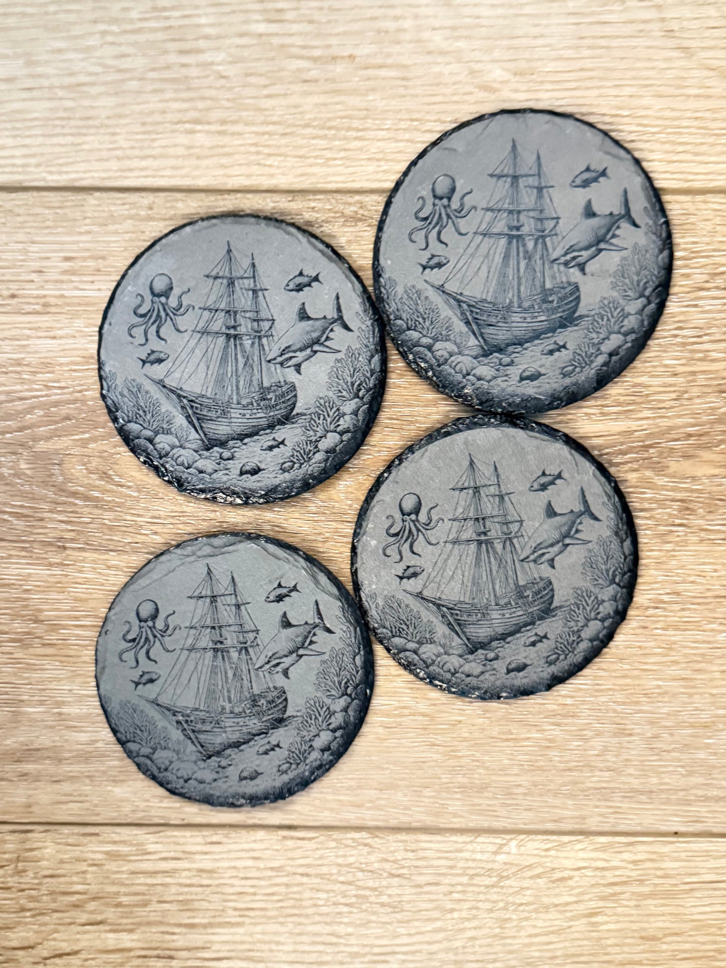 Ship with Sharks & Octopus out in Sea Slate Round Coaster