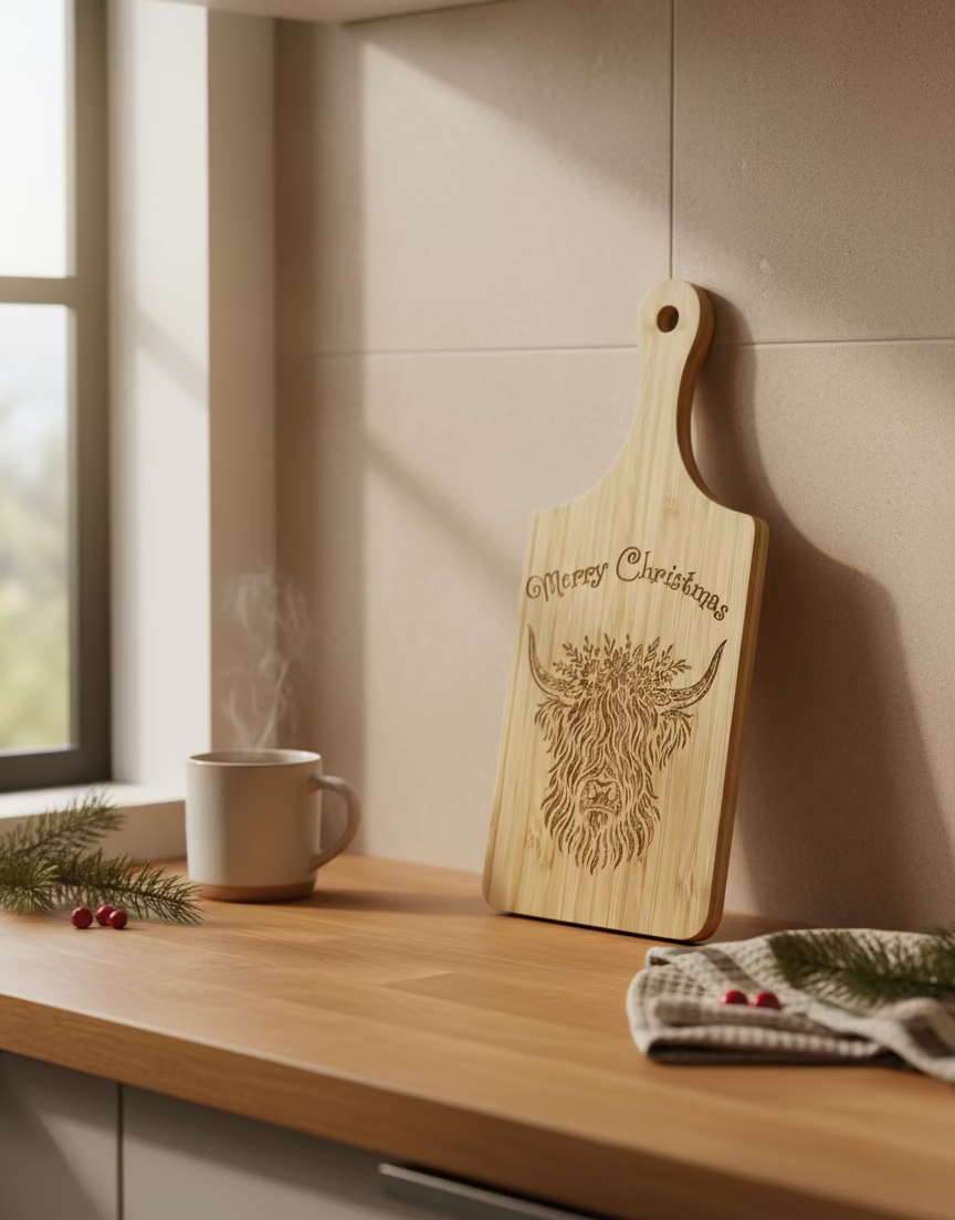 Feliz Navidad Highland Cow Cutting Board