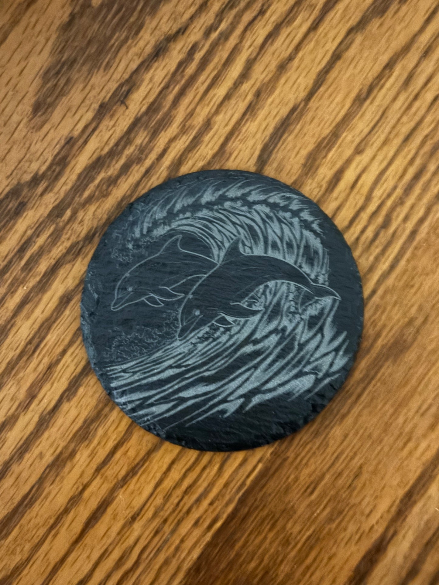 Two Dolphins Jumping Out of Wave Slate Coaster
