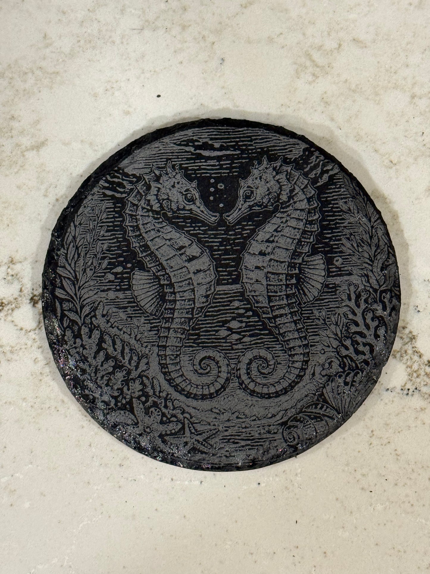 2 Seahorses Slate Coaster