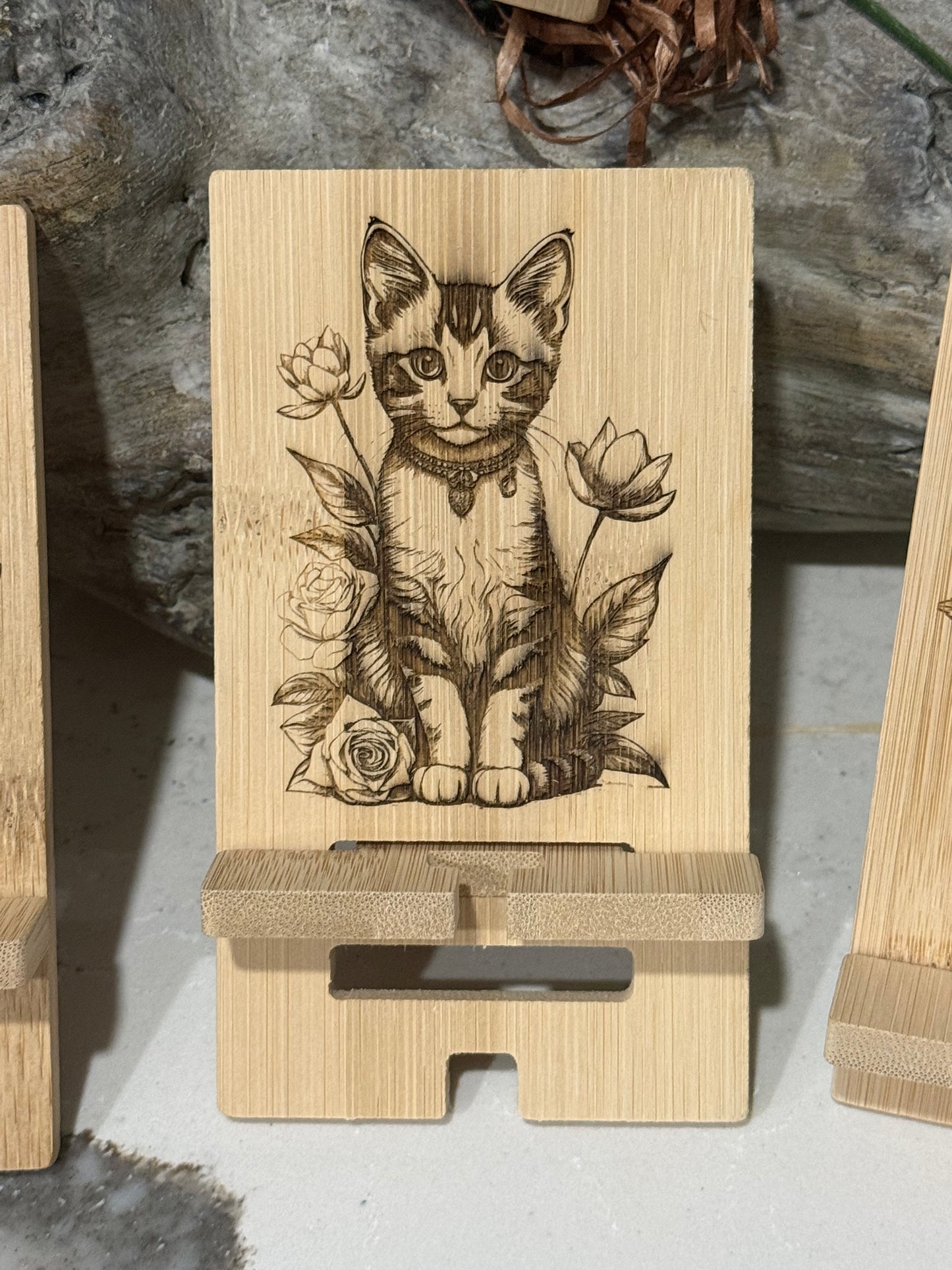 Handcrafted Bamboo Cell Phone Holder – Custom Engraved Wood Phone Stand