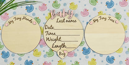 Baby BOY Keepsake Announcement with Hands and Toes! Font 1