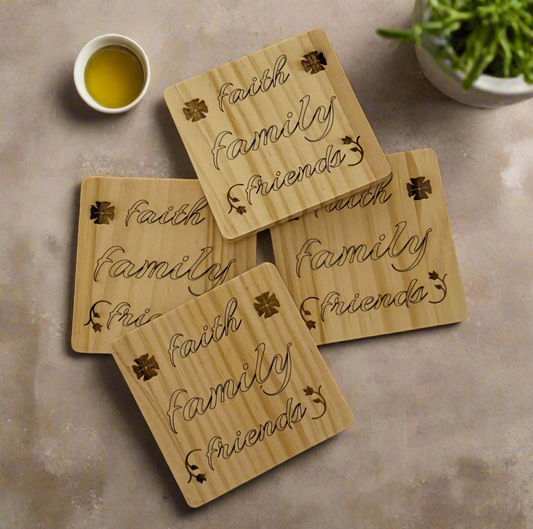 Square Wood Coasters - Faith, Family and Friends