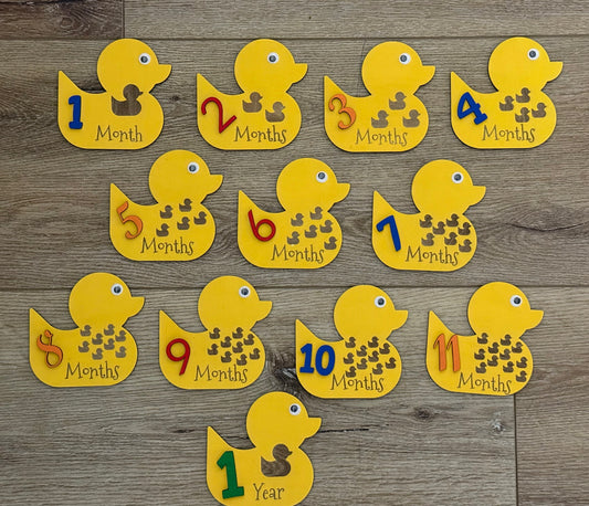 Yellow wooden duck milestone colorful number to mark each month of baby's first year 
