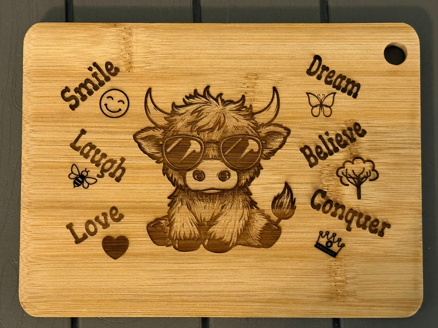Baby Highland Cow with Sunglasses Bamboo Motivational Board