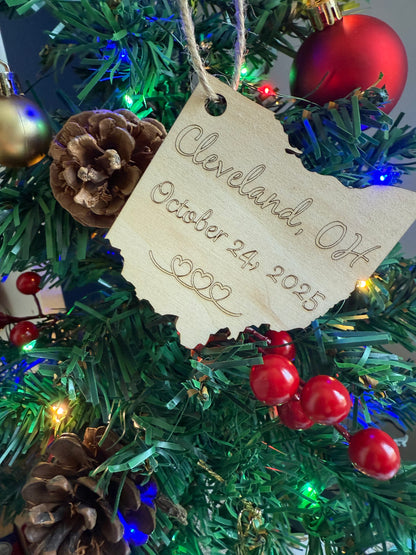 Christmas ornament with wedding date, city, and state