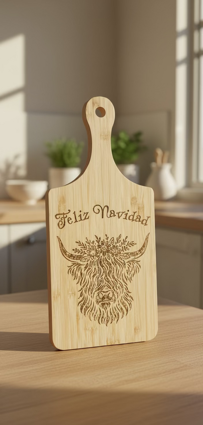 Feliz Navidad Highland Cow Cutting Board
