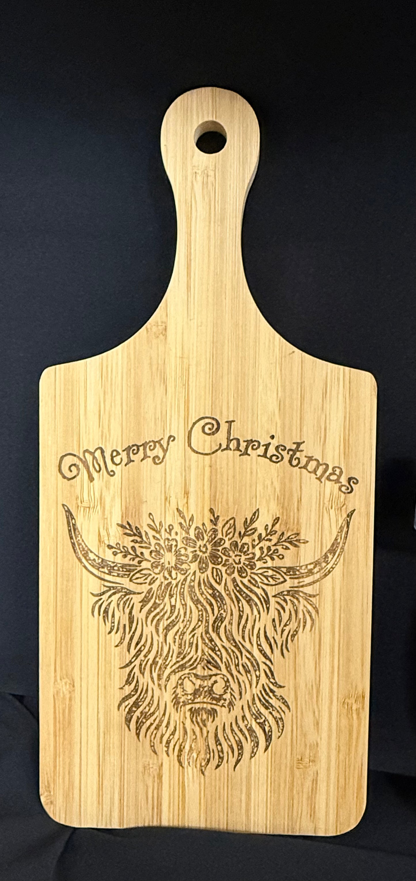 Merry Christmas Highland Cow Cutting Board
