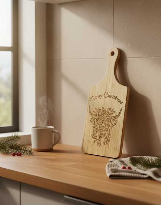 Merry Christmas Highland Cow Cutting Board