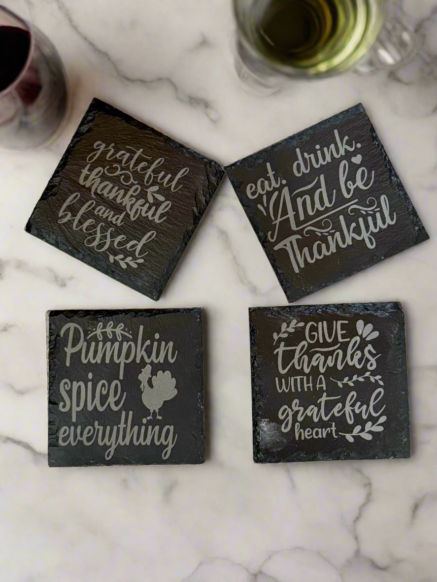 Four Slate Coasters with Warm Autumn Saying Phrases