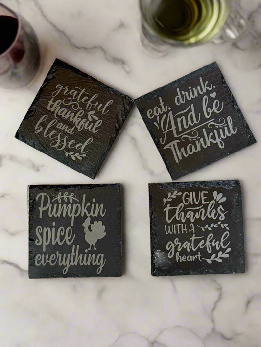Four Slate Coasters with Warm Autumn Saying Phrases