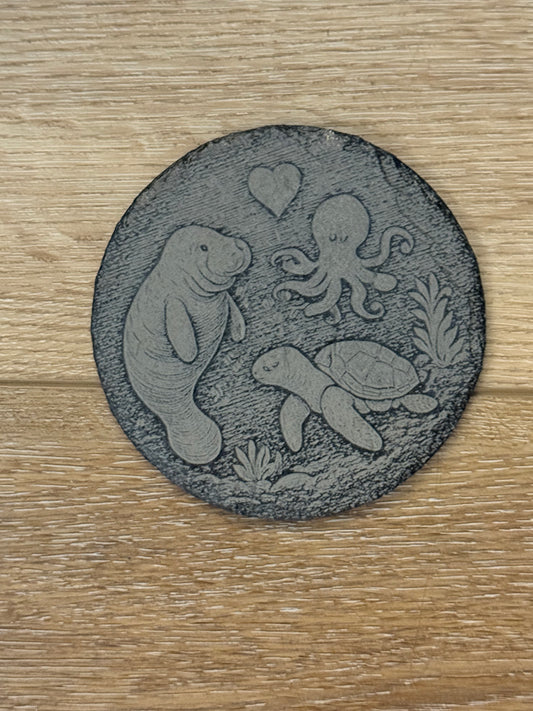 Manatee with Sea turtle and Octopus Slate Coaster
