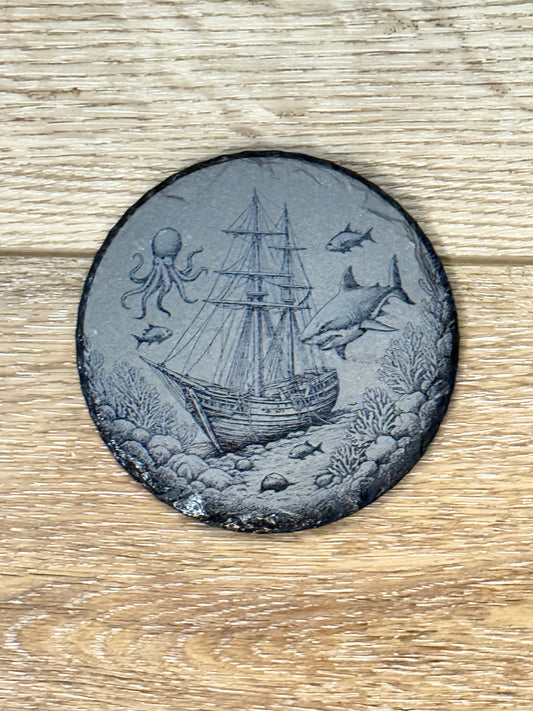 Ship with Sharks & Octopus out in Sea Slate Round Coaster