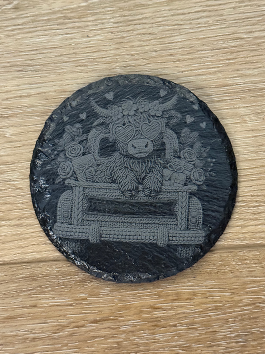 Highland Cow Valentine Slate Round Coaster