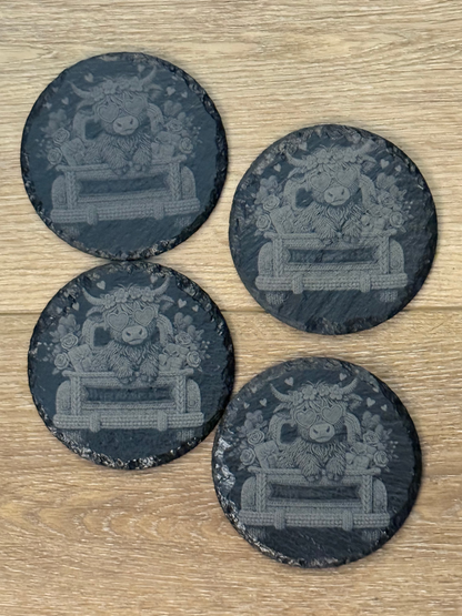 Highland Cow Valentine Slate Round Coaster