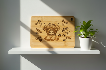 Baby Highland Cow with Sunglasses Bamboo Motivational Board