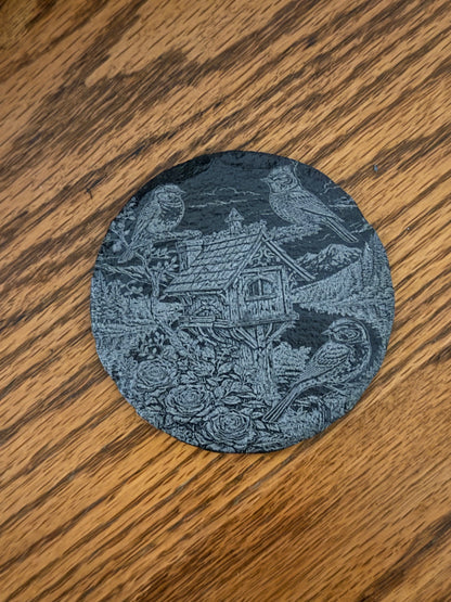 Two Cardinal Watching Their Birdhouse Round Coaster