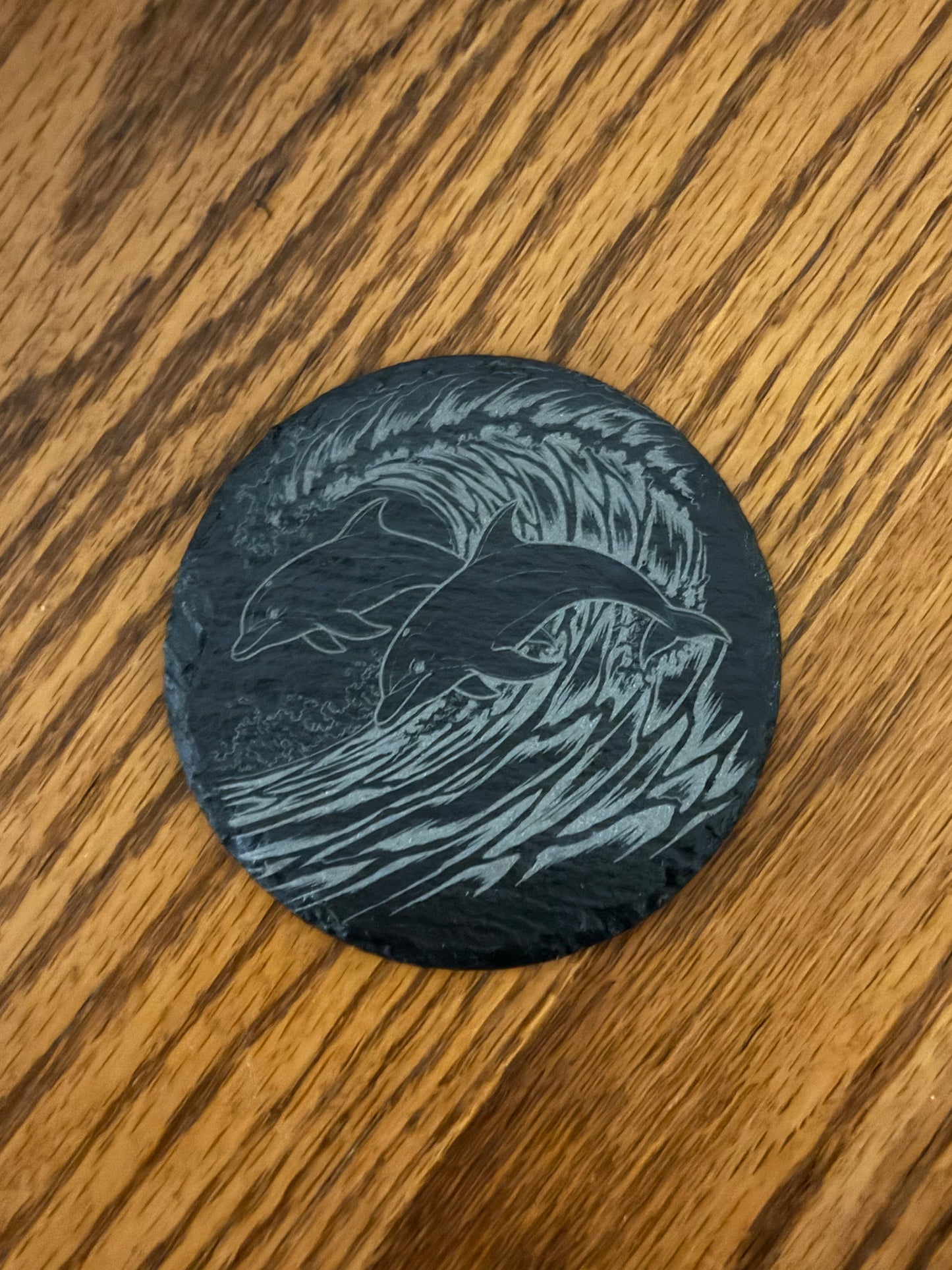 Two Dolphins Jumping Out of Wave  Slate Coaster