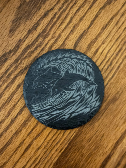 Two Dolphins Jumping Out of Wave  Slate Coaster