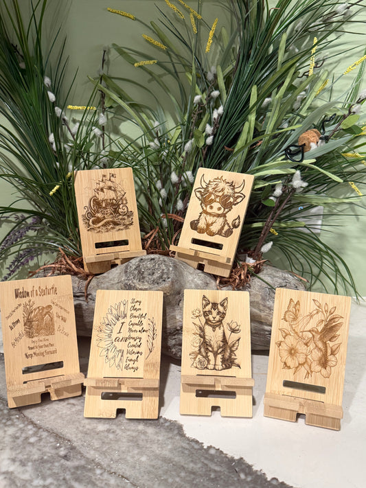 Handcrafted Bamboo Cell Phone Holder – Custom Engraved Wood Phone Stand