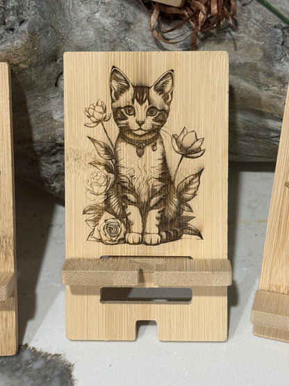 Handcrafted Bamboo Cell Phone Holder – Custom Engraved Wood Phone Stand