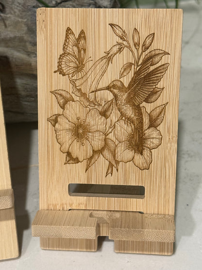 Handcrafted Bamboo Cell Phone Holder – Custom Engraved Wood Phone Stand
