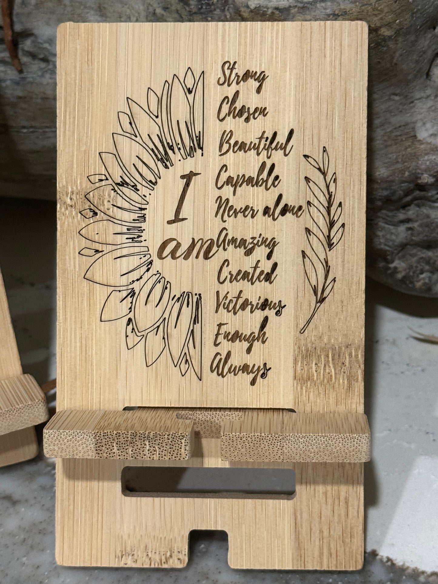 Handcrafted Bamboo Cell Phone Holder – Custom Engraved Wood Phone Stand