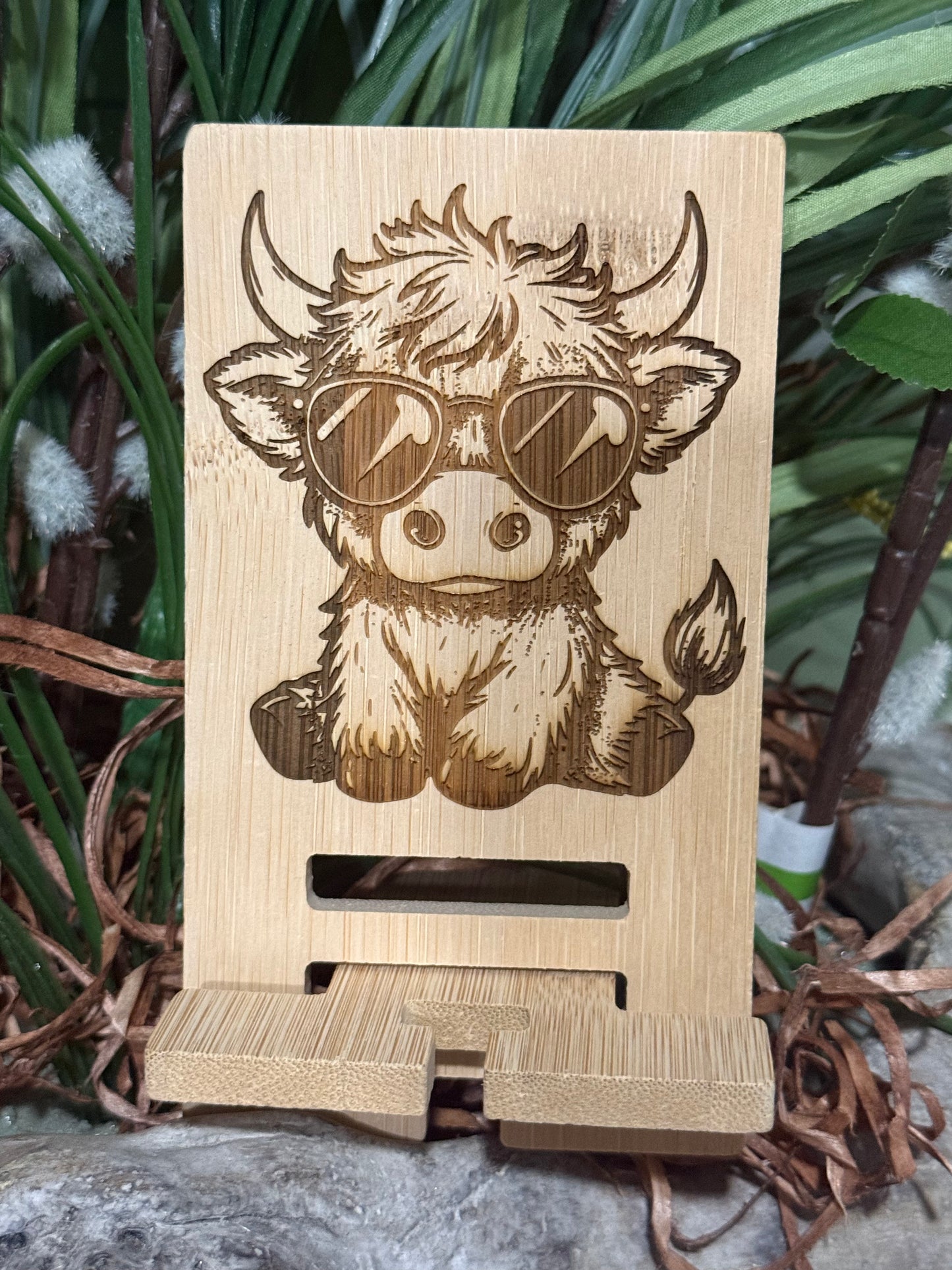 Handcrafted Bamboo Cell Phone Holder – Custom Engraved Wood Phone Stand